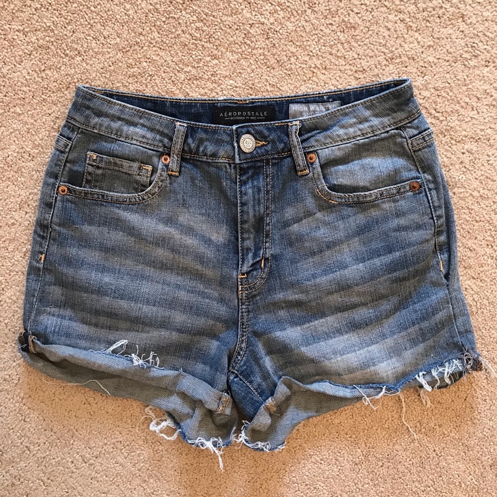 Aeropostale High Waist Denim Shorts Size 6 Raw Frayed Hem Blue Grunge Festival